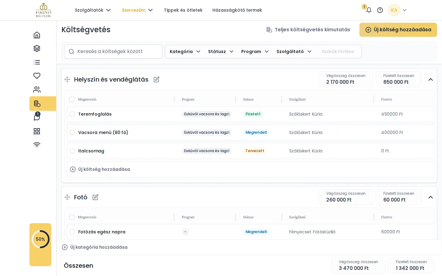 Esküvői költségvetés tervező - képernyőkép az Esküvőhelyszín.hu online esküvőszervezőjéből