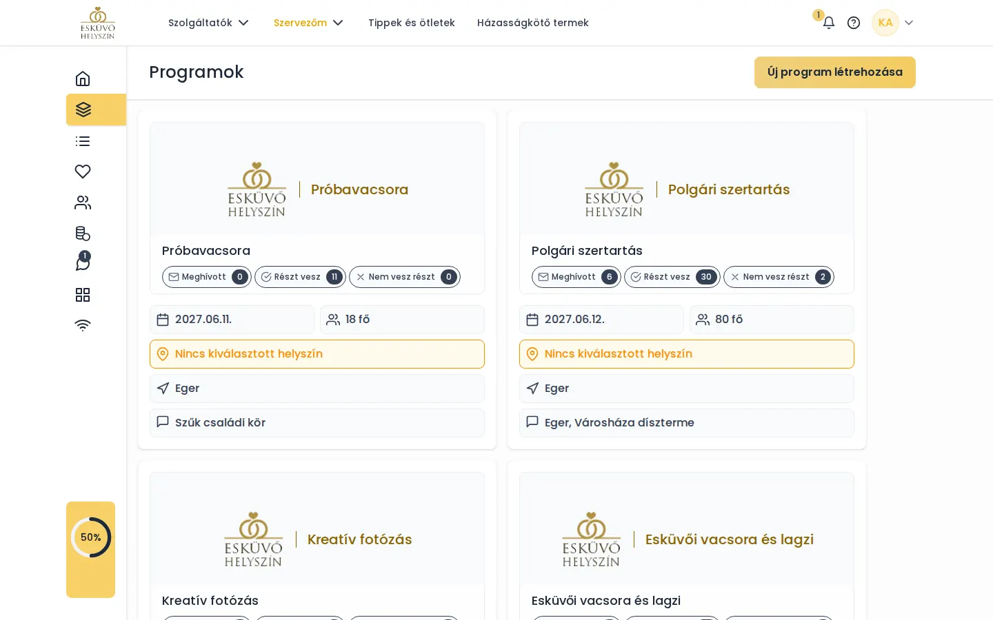 Esküvői programok és időrend egy helyen - képernyőkép az Esküvőhelyszín.hu online esküvőszervezőjéből