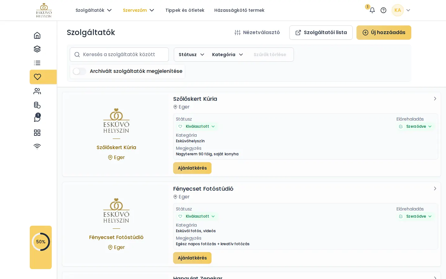 Esküvői szolgáltatók egy helyen kezelve - képernyőkép az Esküvőhelyszín.hu online esküvőszervezőjéből