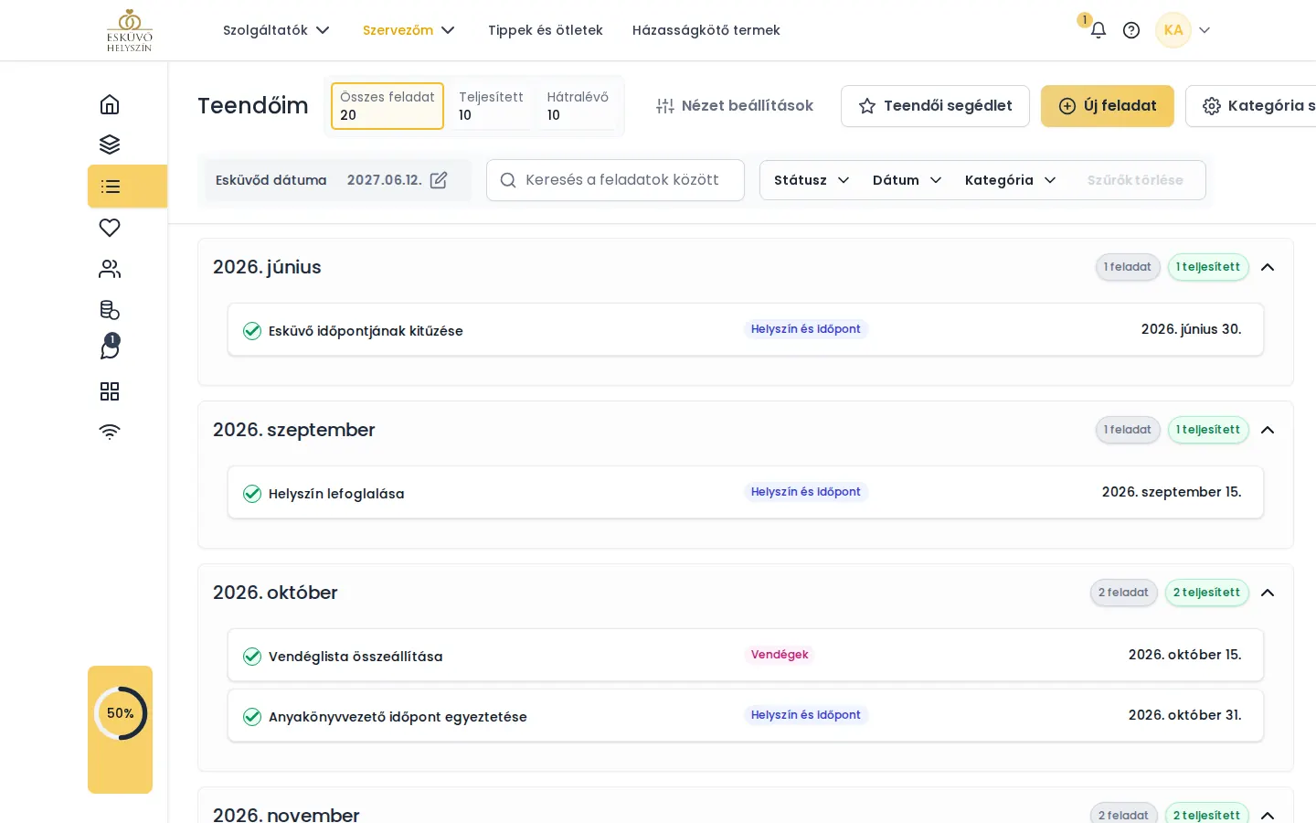 Interaktív esküvői teendőlista - képernyőkép az Esküvőhelyszín.hu online esküvőszervezőjéből