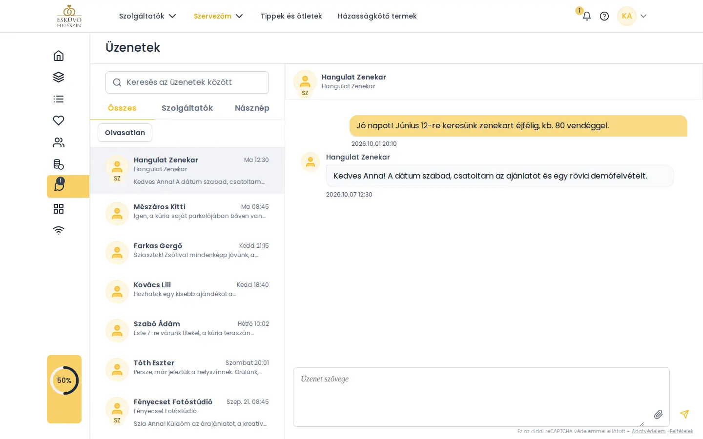 Üzenetek és ajánlatkérések egy helyen - képernyőkép az Esküvőhelyszín.hu online esküvőszervezőjéből