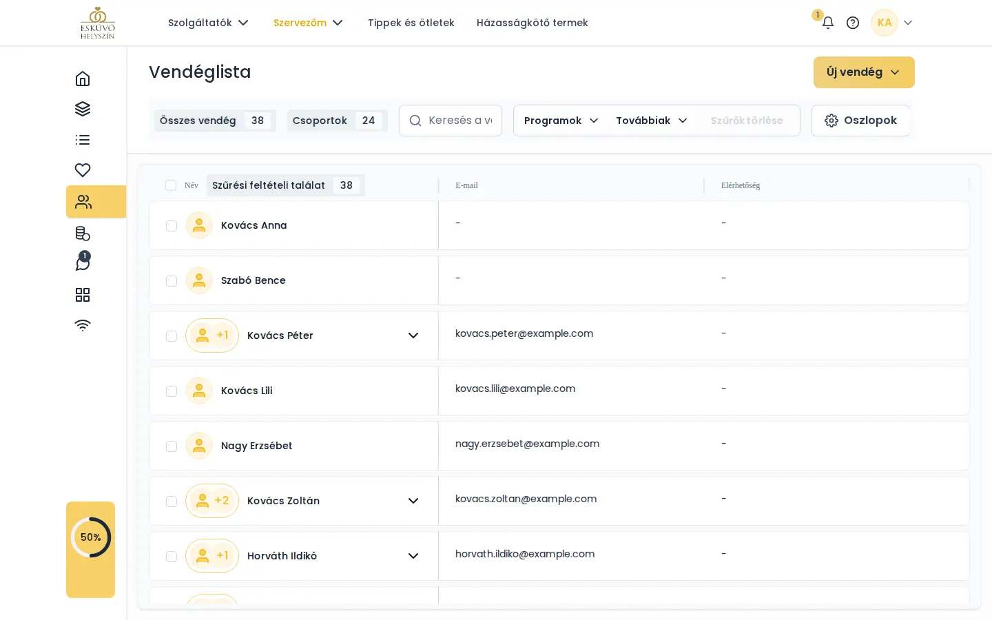 Esküvői vendéglista program - RSVP egy helyen - képernyőkép az Esküvőhelyszín.hu online esküvőszervezőjéből